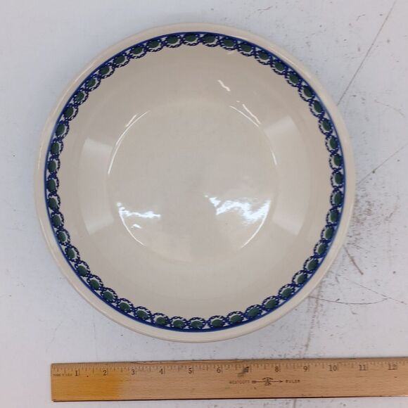 Boleslawiec Polish Pottery Blue Lattice With Green Dot Round Bowl 10.5" x 2.25" - Picture 11 of 12